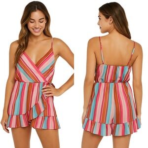 Peach Love California Romper M Multicolor Stripe‎ Surplice Neck Stretch Playful